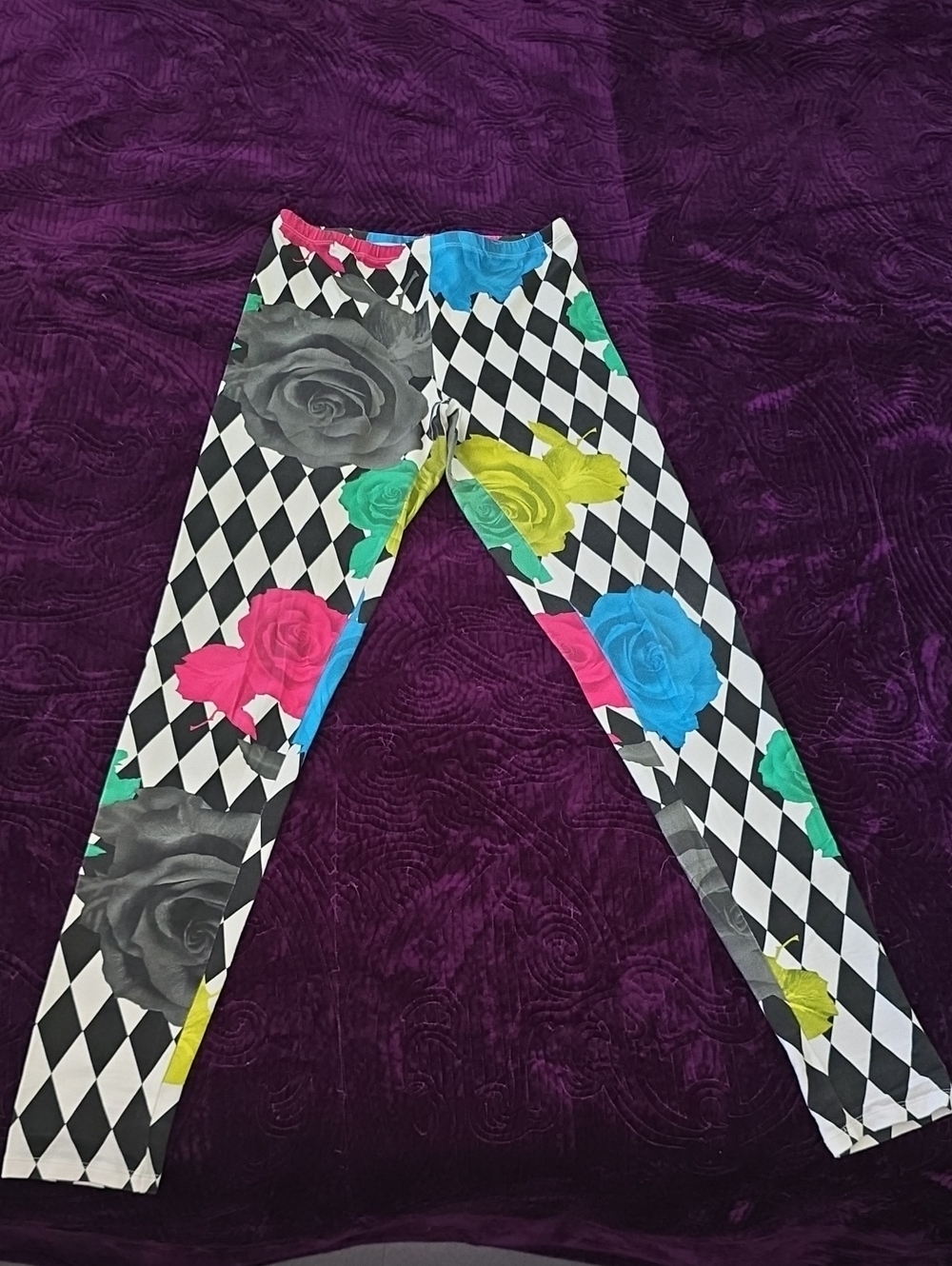 Multicolor Rose Print Diamond Check Leggings Size Small